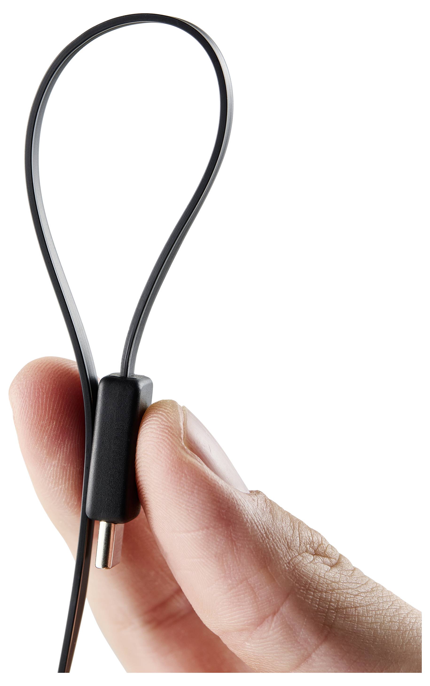 A hand holds a black charging cable with a USB-C connector, the cable forms a loop above the fingers against a plain white background.