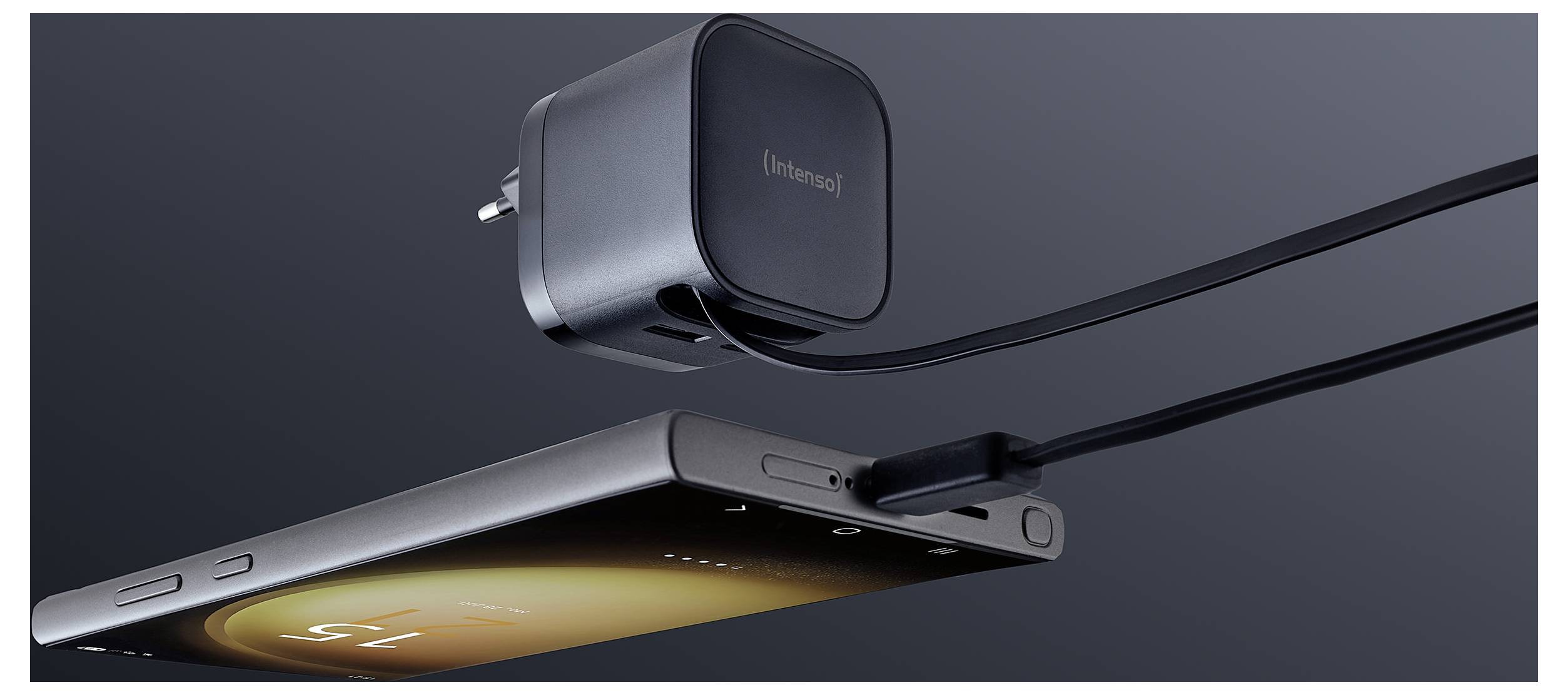 'A smartphone connected to a charger, floating against a dark background.'