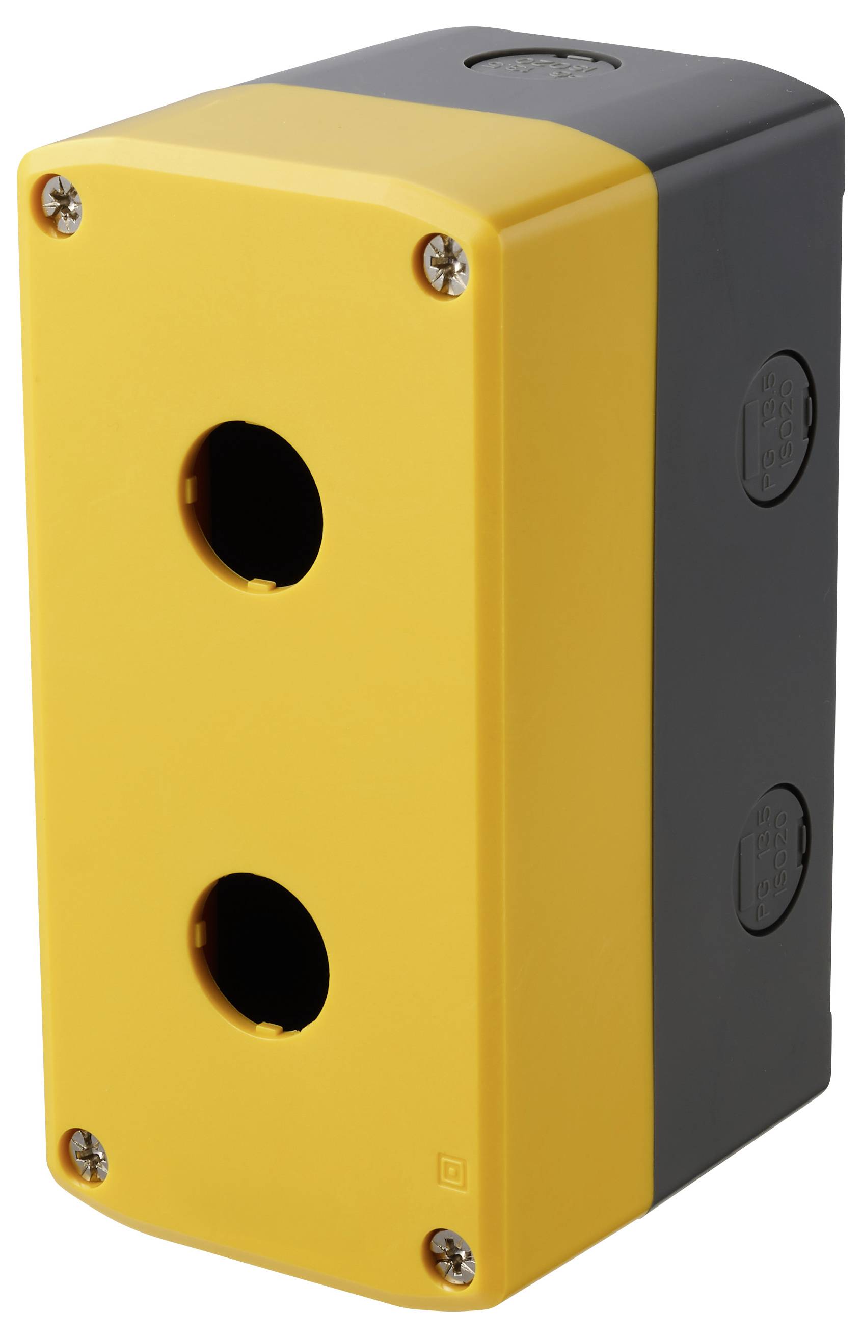 Yellow and black industrial control box with two circular front openings and mounting screws, shown on a white background.