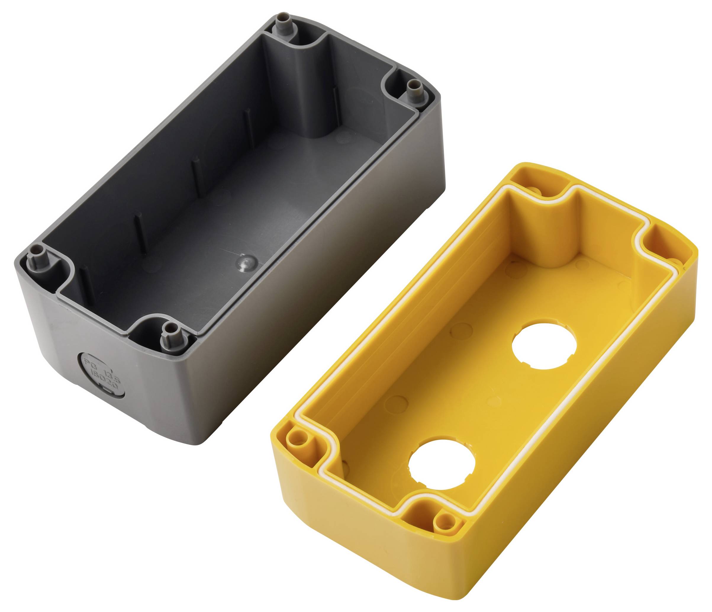 Two rectangular plastic enclosure housings, one black and one yellow, shown open with mounting holes and cable cutouts.<br>