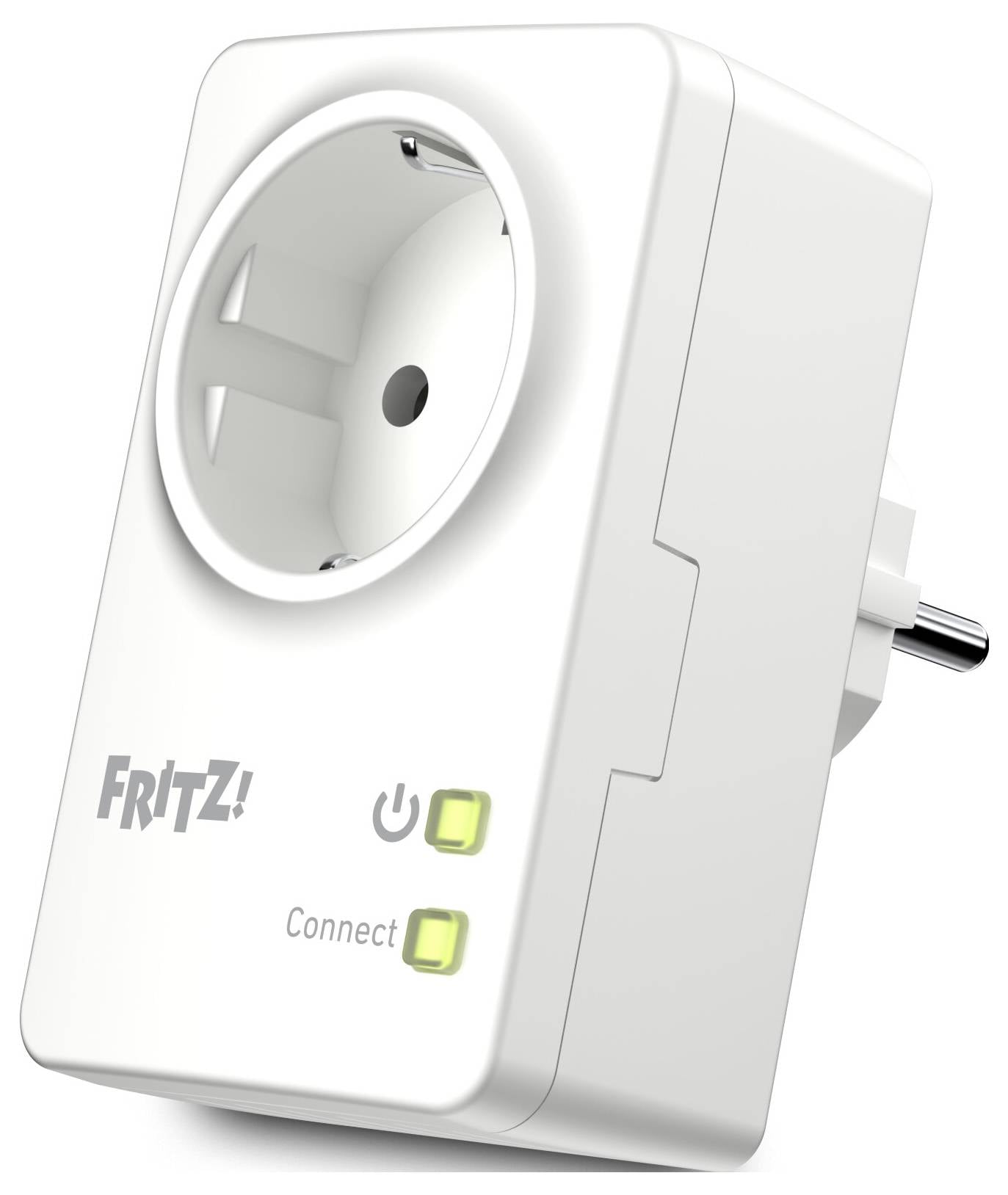 A white smart plug with a European socket design, featuring a power button and two LED indicators labeled 'Connect' and 'Power'.