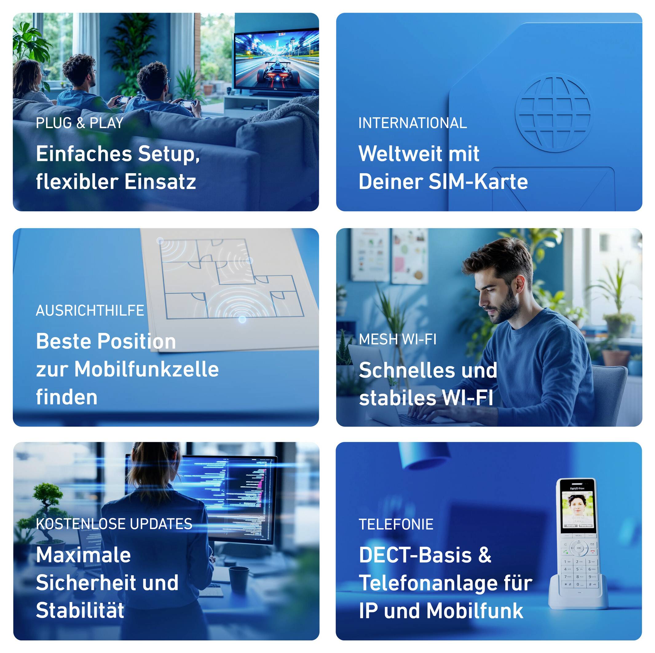 'Collage of six images with text in German promoting technology products, highlighting setup ease, international use, Wi-Fi stability, and security updates.'