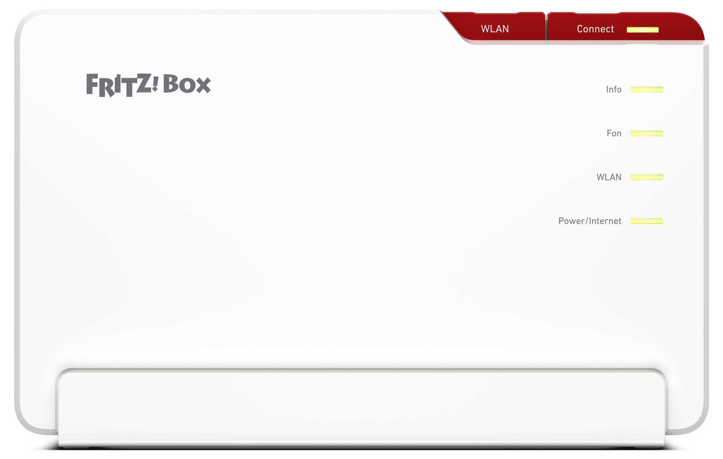 A white rectangular modem labeled 'FRITZ! Box' with status indicator lights for Info, Fon, WLAN, and Power/Internet on the right.