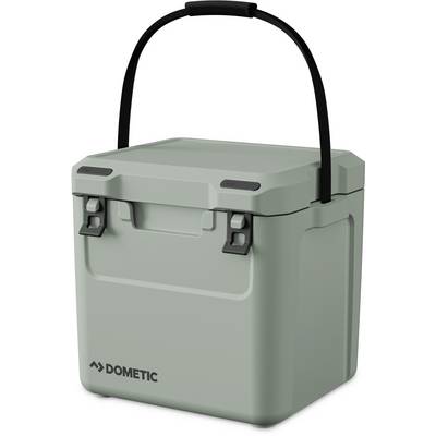 Portable gray Dometic cooler with a black carry handle and front latches, shown against a white background.
