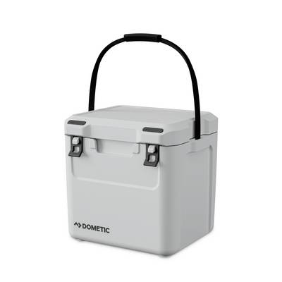 Gray Dometic cooler box with a black carry handle, shown closed on a white background.