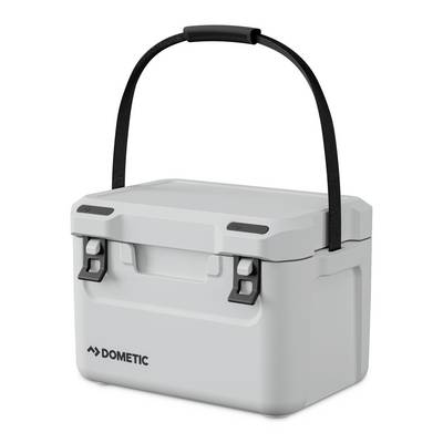 Gray Dometic hard cooler with black carry strap and latches, shown on a white background.<br>