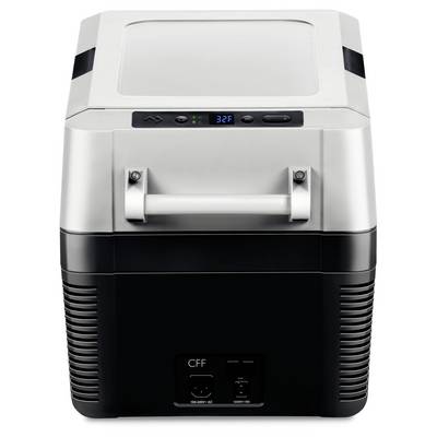 Portable electric cooler with hinged lid, front handle, and digital temperature display reading 32F.