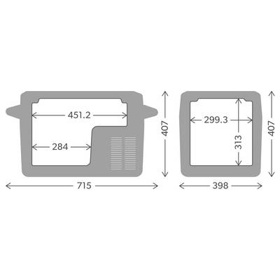 Technical drawing showing a gray part in side and front views with dimensions: 715 wide, 407 high, 451.2 and 284 internal widths, 398 wide, 299.3 internal width, and 313 internal height.