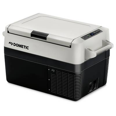 Dometic portable electric cooler with white lid and black body, shown in three-quarter view with handle, vent, and control panel visible.