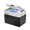 Portable Dometic electric cooler with lid open, showing several blue-capped bottles inside and control panel on top.<br>