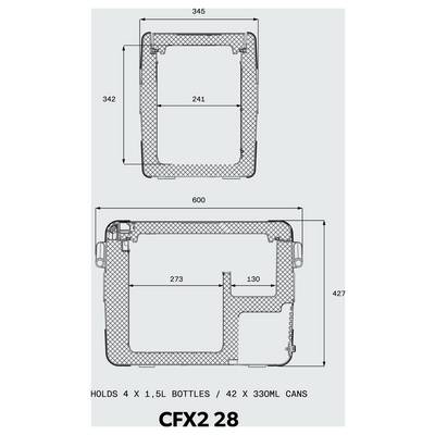 Technical diagram of a CFX2 28 cooler showing dimensions and internal capacity; labeled for 4 x 1.5L bottles or 42 x 330ml cans.