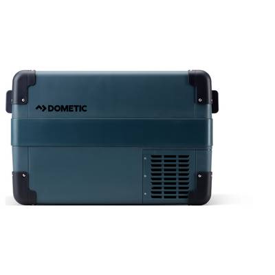 Teal Dometic portable cooler or refrigerator with black corner guards and front vent, shown on a white background.