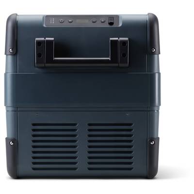 Front view of a dark teal portable cooler with a top control panel, side handles, and front ventilation grilles on a white background.
