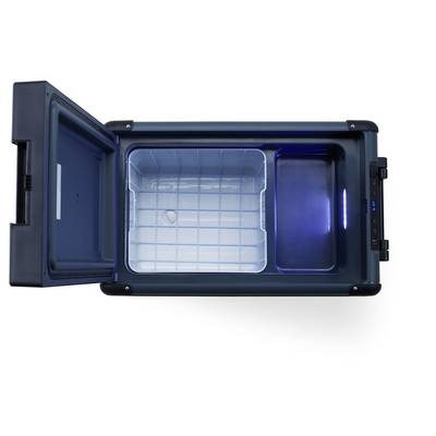Open blue electric cooler or portable refrigerator with lid ajar, showing empty interior compartments and a removable basket.