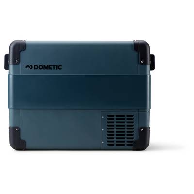Dometic portable cooler/refrigerator in dark teal and black, shown closed from the front on a white background.<br>