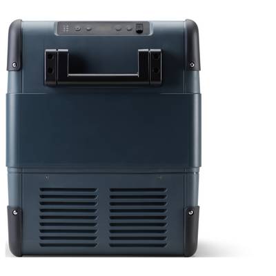 Portable electric cooler or mini fridge, dark teal with black handle and vents, shown front-facing on a white background.