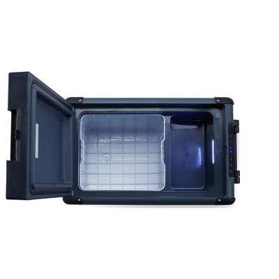 Open compact cooler or mini fridge with an empty interior and removable clear bin, viewed from above.