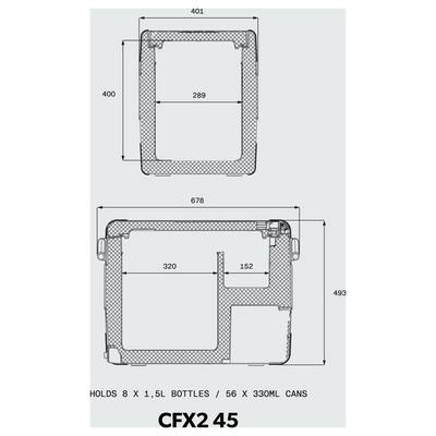 Technical dimension diagram of a CFX2 45 cooler, showing front and top views with measurements and internal capacity note: holds 8 x 1.5L bottles or 56 x 330ml cans.
