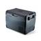 Blue Dometic portable electric cooler with a black lid and side handles, shown on a white background.<br>