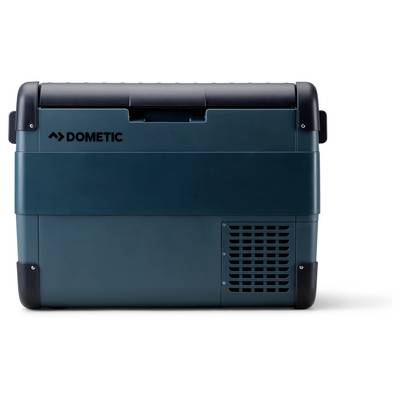Teal Dometic portable cooler or refrigerator with black handles and vents, shown closed on a white background.