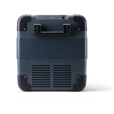 Dark blue portable cooler or mini refrigerator with a top handle and front ventilation grille, shown on a white background.