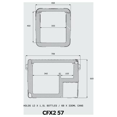 Dimensioned diagram of a CFX2 57 cooler showing exterior and interior measurements and storage capacity: holds 12 x 1.5L bottles or 68 x 330ml cans.