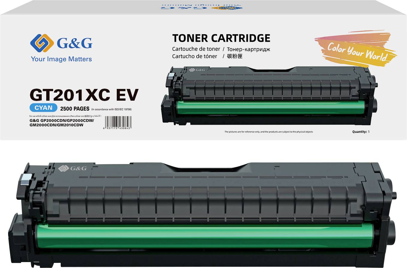 The image shows a G&G toner cartridge package and the cartridge itself. It's a cyan GT201XC EV model, capable of printing 2500 pages.