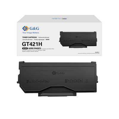 'Toner cartridge box and cartridge displayed. Brand is G&G, model GT421H, black, with a yield of 6000 pages.'