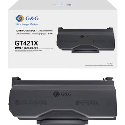 'Toner cartridge GT421X, black, 15000 pages' shown in front of the corresponding product packaging with the G&G logo.