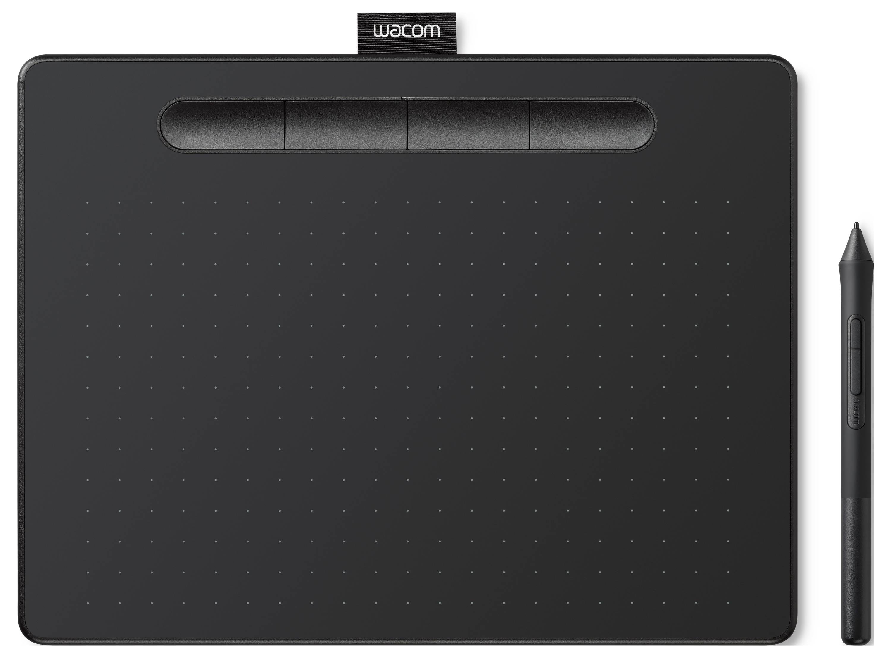 A black Wacom drawing tablet with a stylus placed beside it, featuring three buttons at the top center.