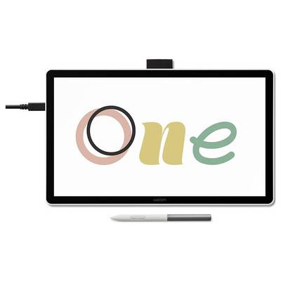 A graphics tablet displaying the word 'One' in stylized font. A stylus pen is placed at the bottom, suggesting digital drawing capability.