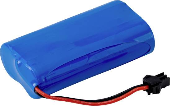 A blue rechargeable battery pack with a red and black wire connector attached, possibly used for electronic devices or toys.