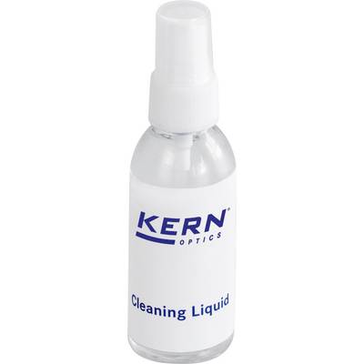 Clear spray bottle labeled 'Kern Optics Cleaning Liquid,' used for cleaning optical surfaces.