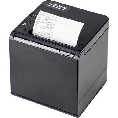 'KERN' label printer printing a receipt with text and numerical values visible, showing device functionality and usage context.