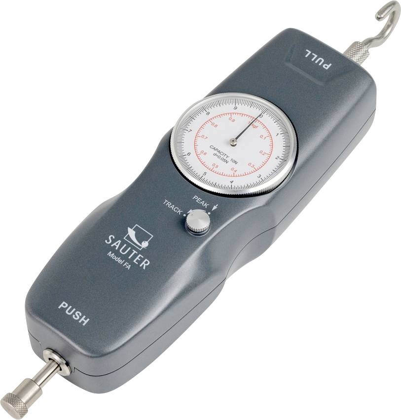 An analog force gauge with a hook on top and a push button at the bottom, featuring a dial displaying measurement in Newtons.