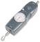 A digital force gauge with a metallic hook and dial, showing measurement units. It features labeled push and pull buttons for operation.