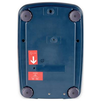 The bottom of a rectangular blue device with four round feet, containing a red sticker with a white arrow pointing downwards.