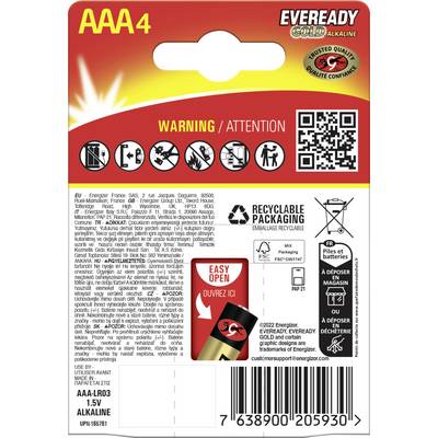 Back of a pack of Eveready Gold AAA alkaline batteries featuring safety warnings, recycling information, and QR code for product details.