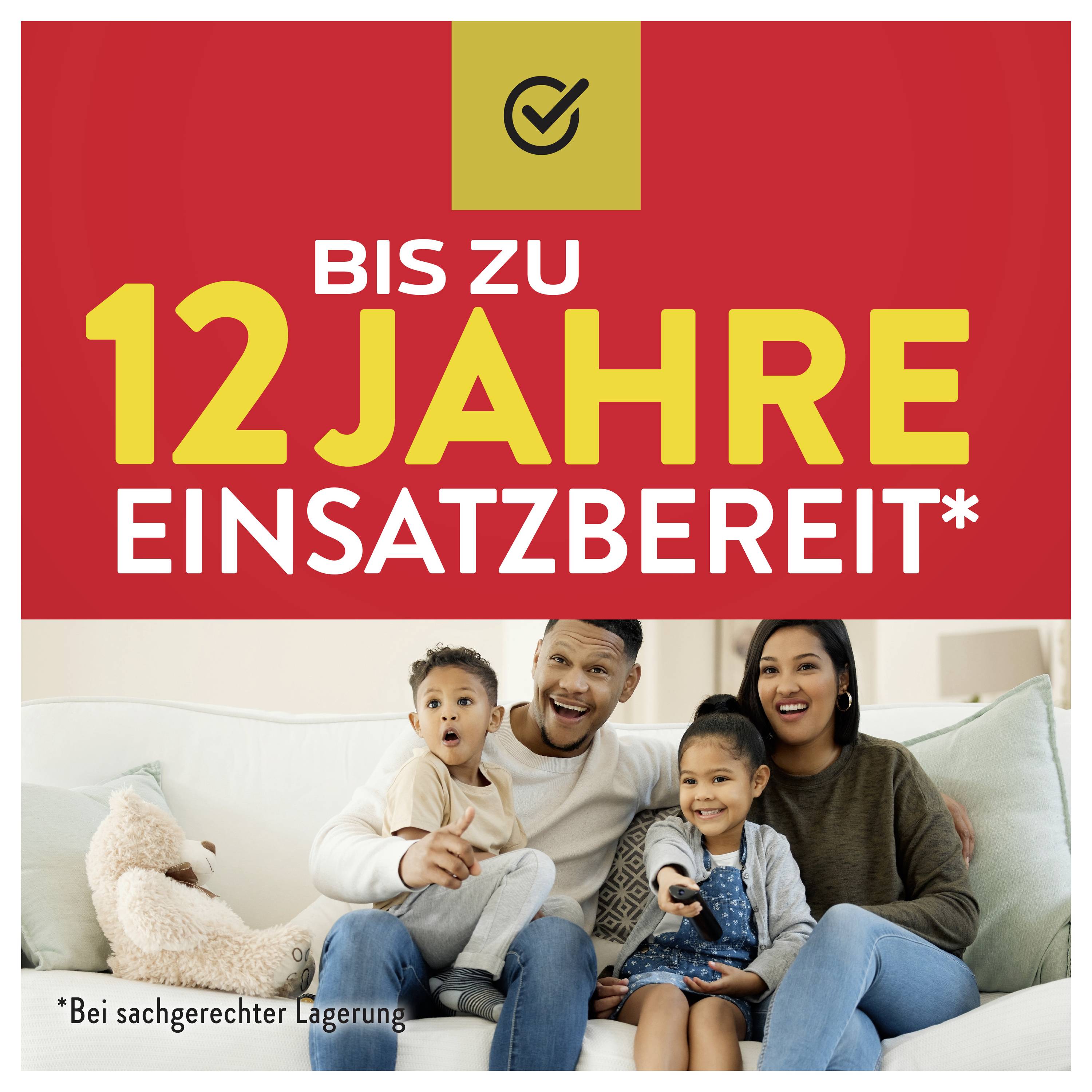 A happy family with two children sits on a sofa. Above it says: 'Ready for use for up to 12 years*'. Below: '*With proper storage'.