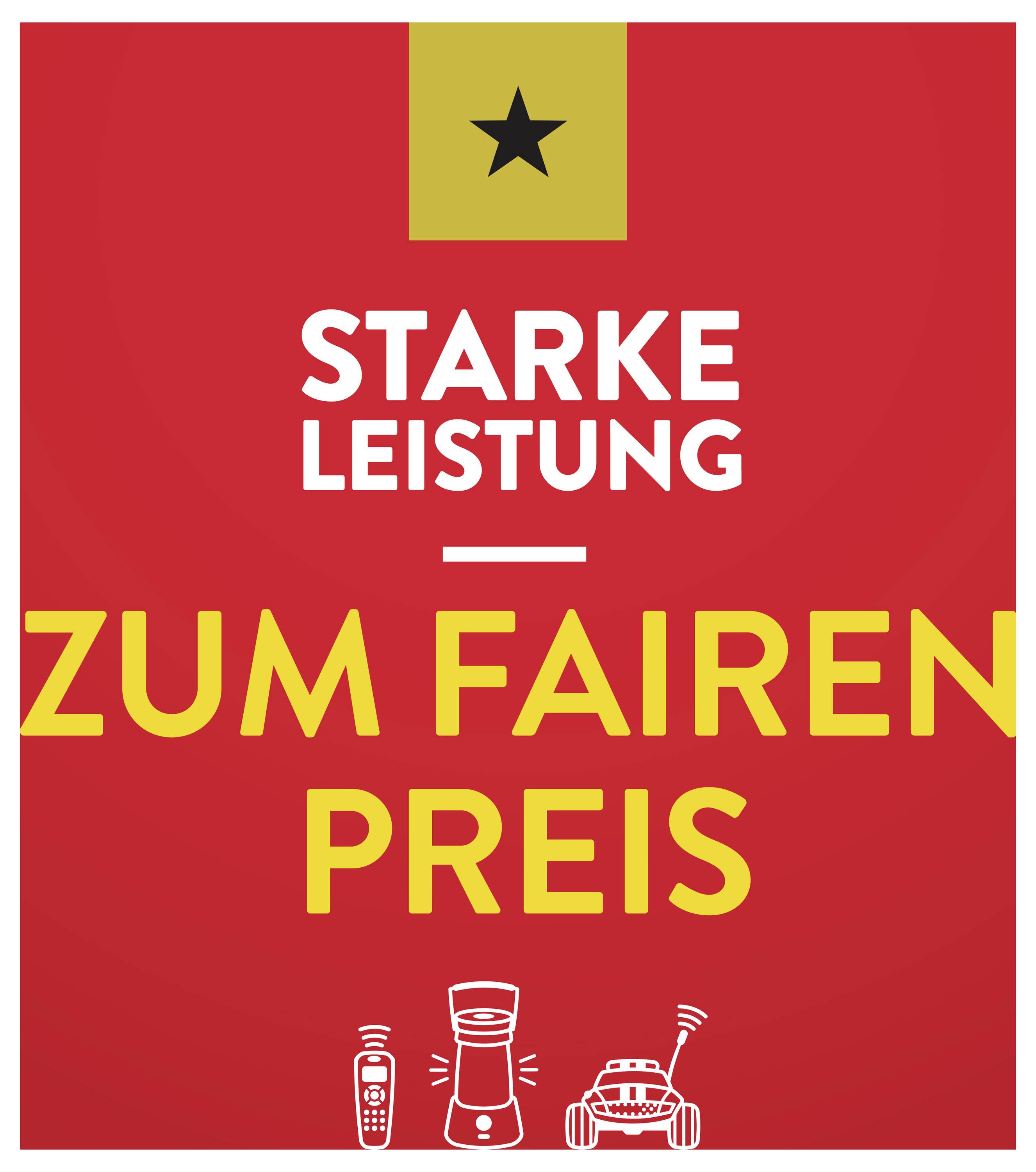 Red background, black star graphic at the top. Text: 'Strong performance at a fair price'. Three device icons at the bottom: remote control, mixer, toy car.