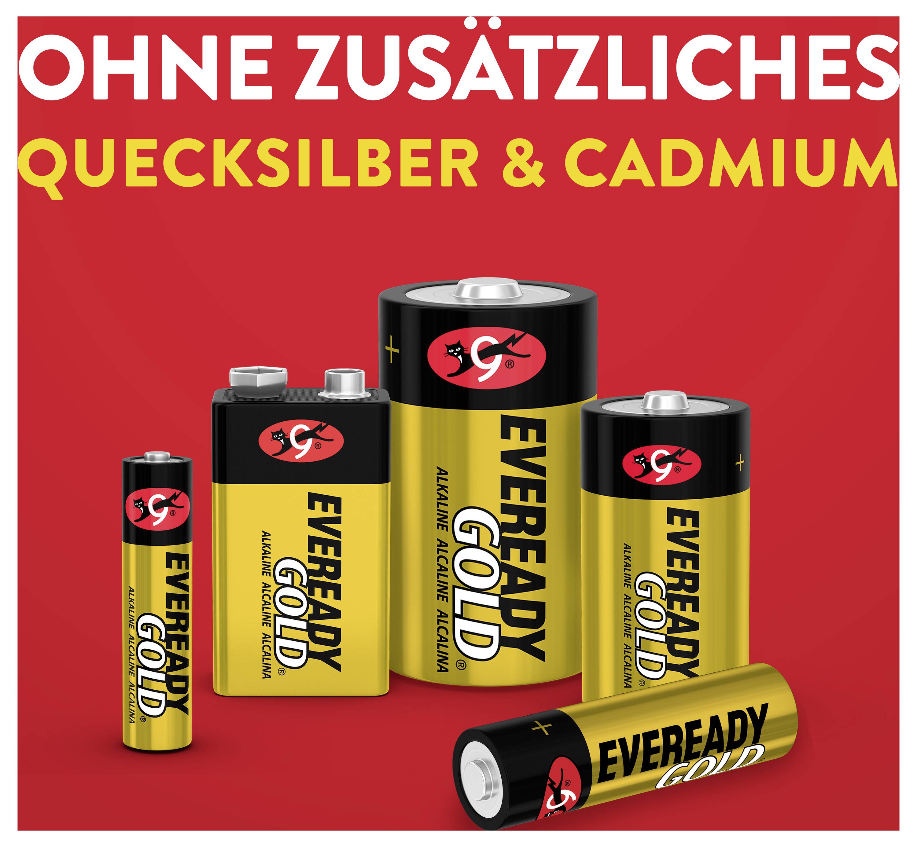 Five 'Eveready Gold' batteries against a red background. Text at the top: 'Without added mercury & cadmium'.