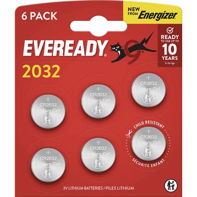 'Eveready 2032 CR2032 lithium cell batteries, 6-pack, child resistant, 10-year shelf life, by Energizer.'
