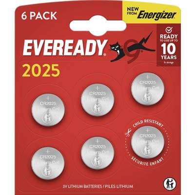 'Eveready CR2025 3V lithium batteries, 6-pack. Child resistant. Ready to use up to 10 years. Packaging shows battery details.'
