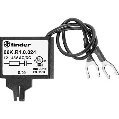 A small, rectangular electronic component labeled 'Finder 06K.R1.0.024', with black wires and metal fork connectors.