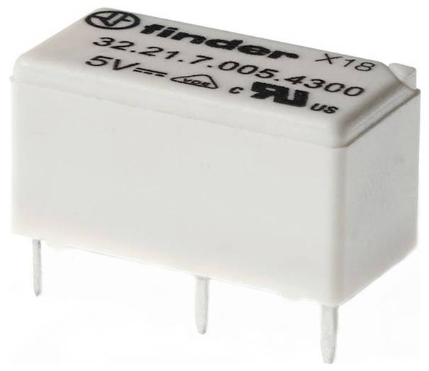 A white electronic relay component with the label 'tinder X18' and specifications '32.21.7.005.4300 5V' visible on its surface.