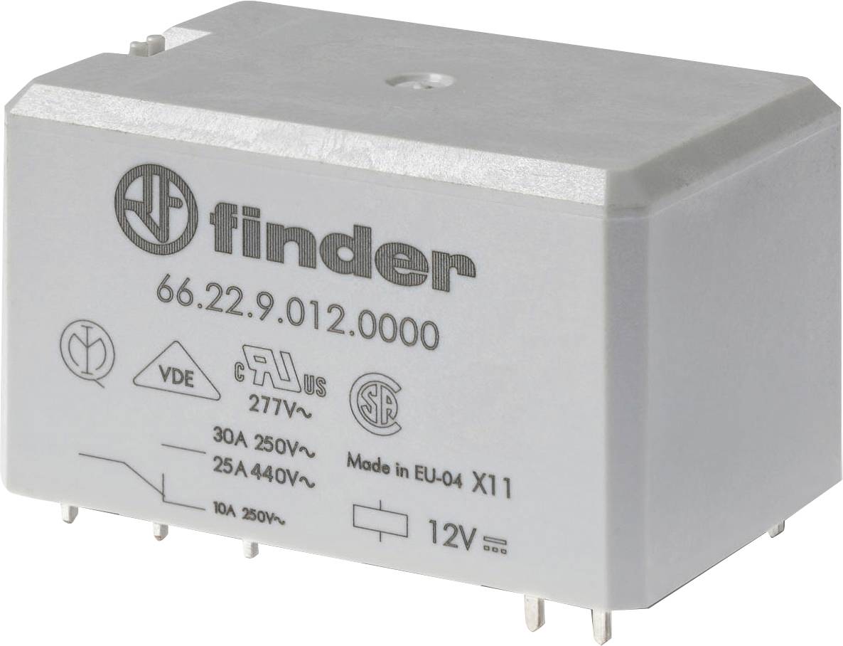 A white rectangular electrical relay with specifications printed on its surface, including brand 'Finder', model '66.22.9.012.0000', and voltage details.