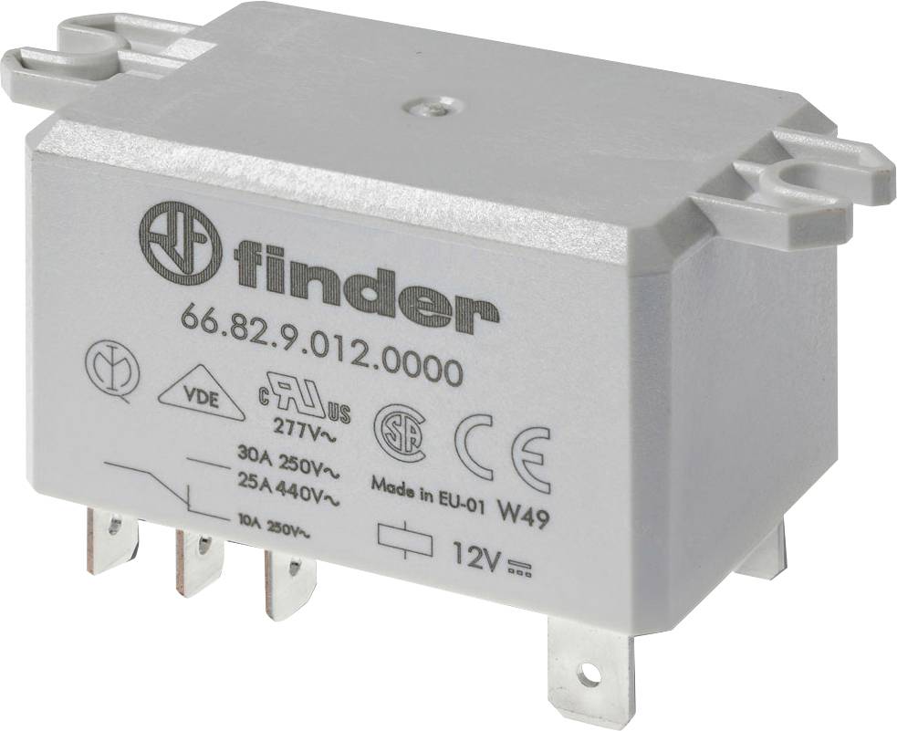A gray electrical relay with 'finder' branding, model number '66.82.9.012.0000,' shows specifications like '30A 250V~' and '12V~.'