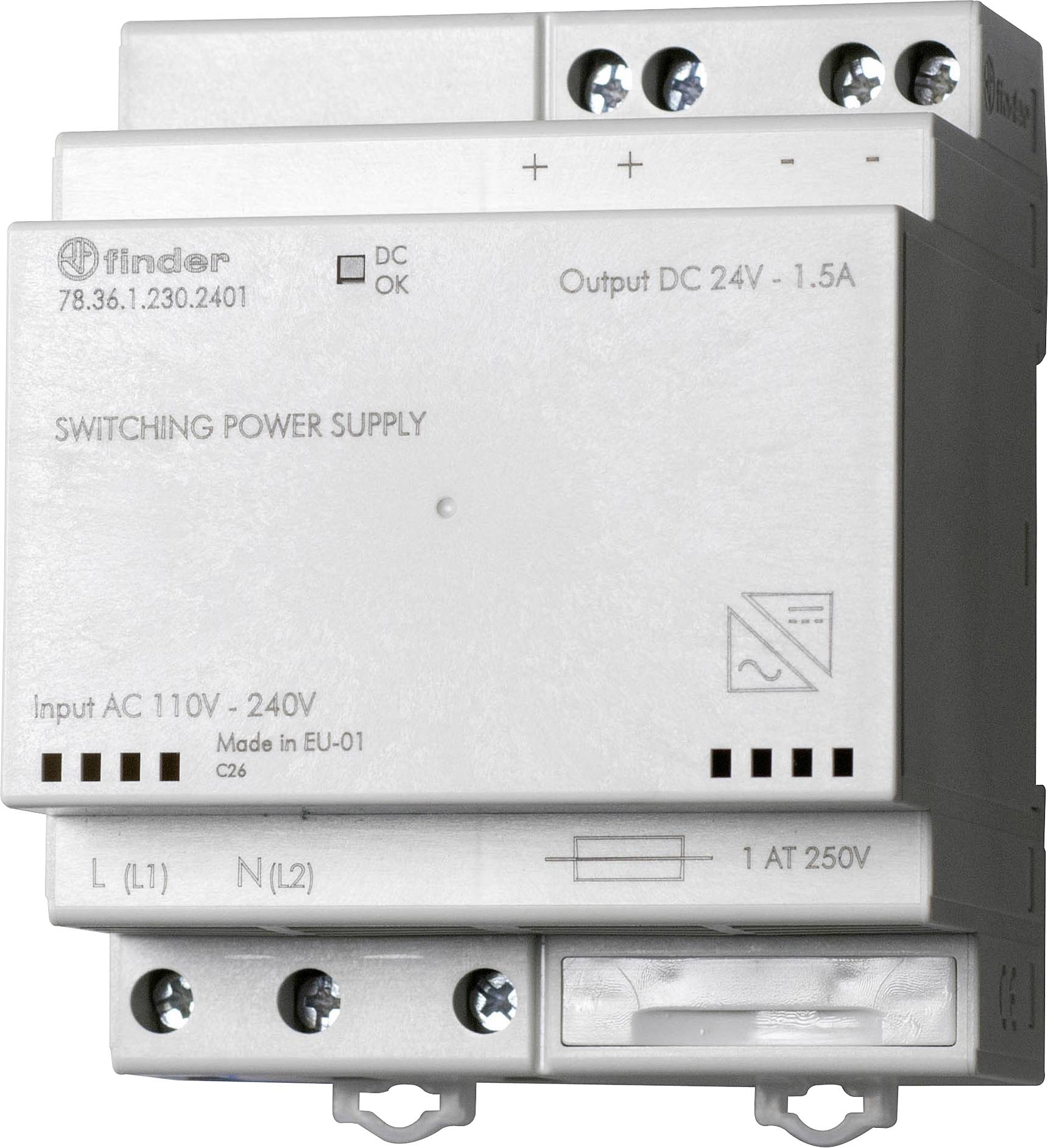 Industrial device labeled 'Switching Power Supply' with input AC range 110V-240V and output DC 24V 1.5A, used for electrical applications.