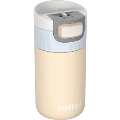 A beige reusable Kambukka tumbler with a gray and white lid featuring a locking mechanism, designed for hot or cold beverages.