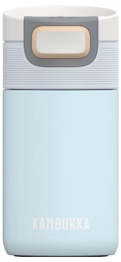 A light blue travel mug with a gray and white lid, featuring a rectangular button and the brand name 'Kambukka' at the bottom.